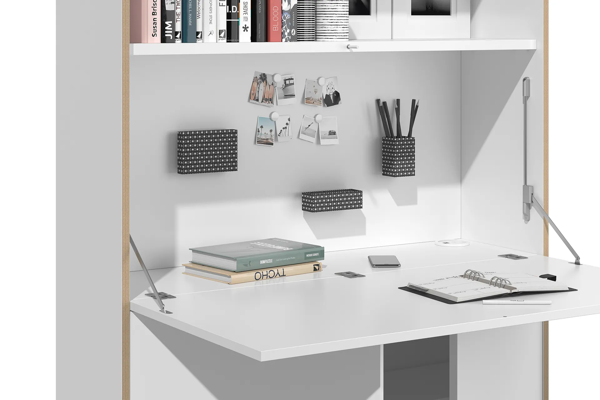 Moderner Arbeitsplatz FLAI Home Office von Müller Small Living mit magnetischer Rückwand und Magnetboxen für Utensilien 