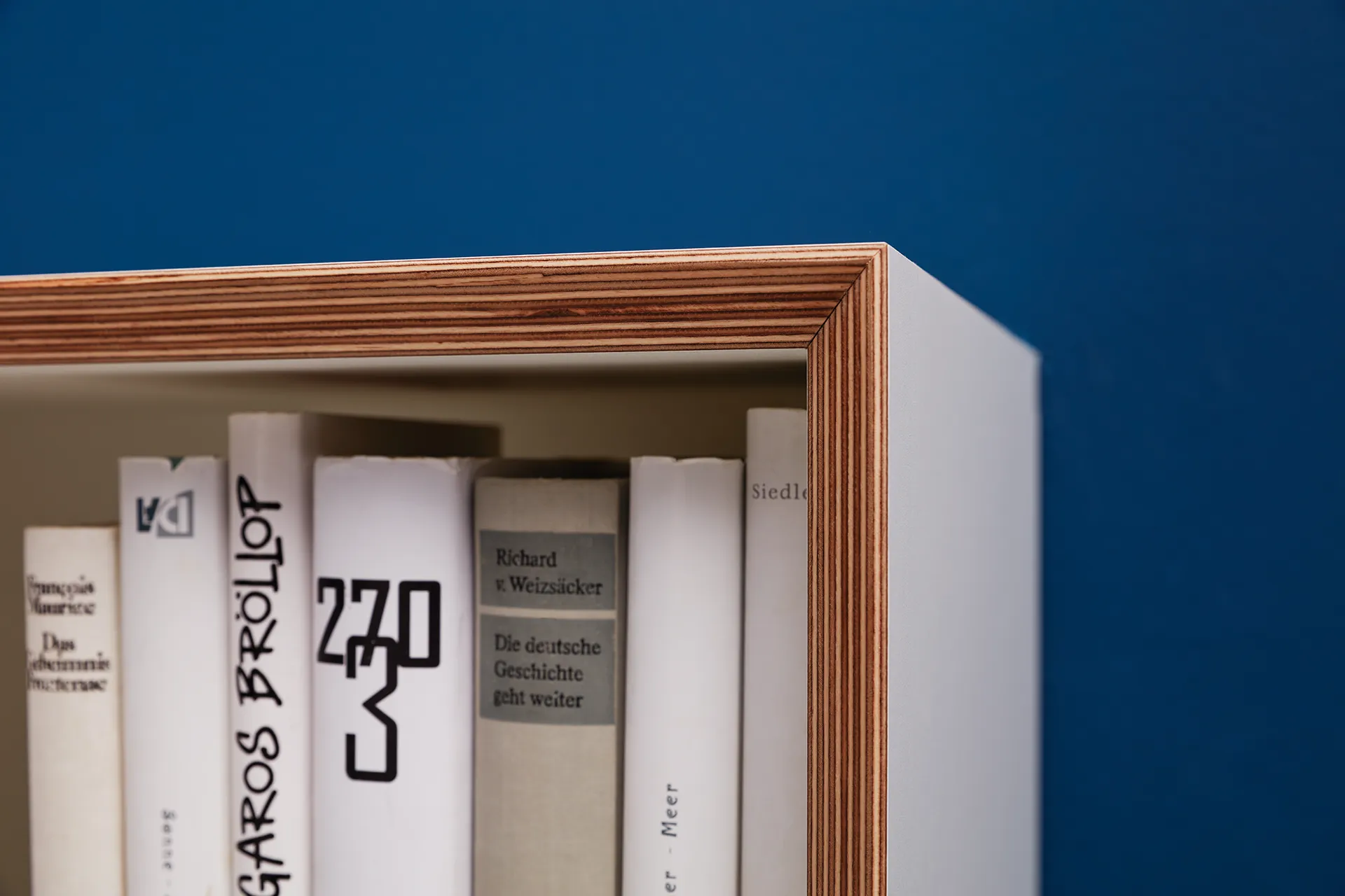 Detailansicht einer Kante von einem weißen Vertiko von Müller Small Living mit Holzschichten und Büchern