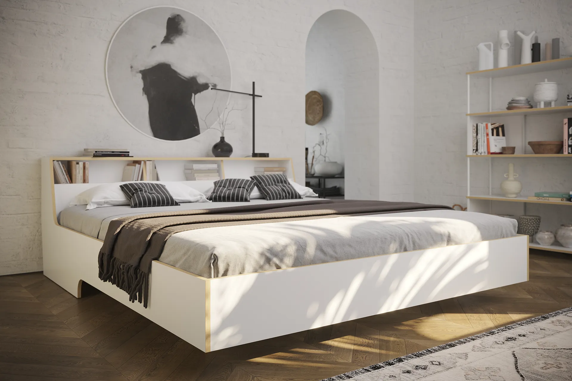 SLOPE Doppelbett 180x210 in weiß mit Kopfteil und Geheimfächern