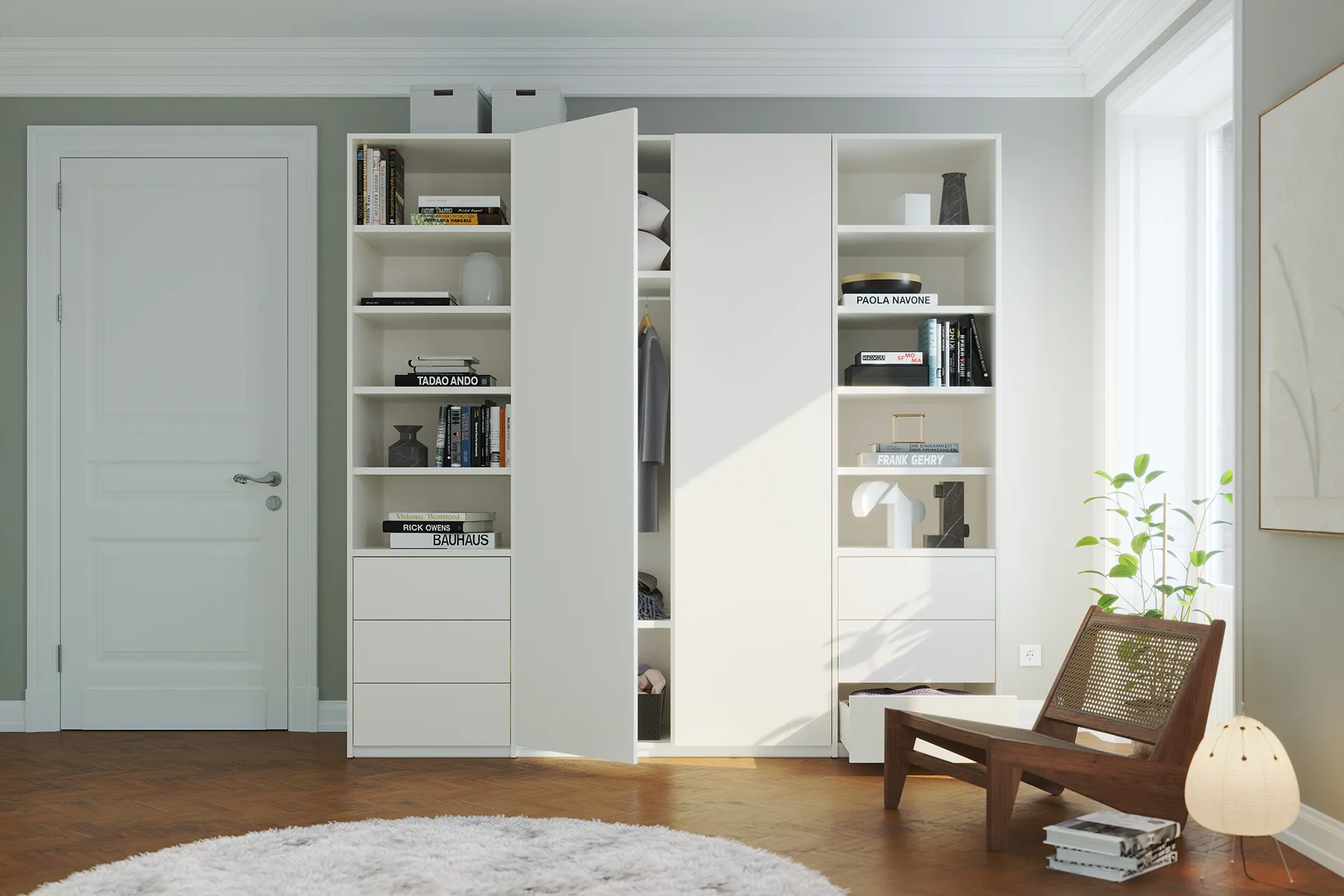 Weißer zweitüriger Modular Plus Schrank mit zwei halboffenen Elementen an beiden Seiten, die jeweils drei Schubkästen haben.