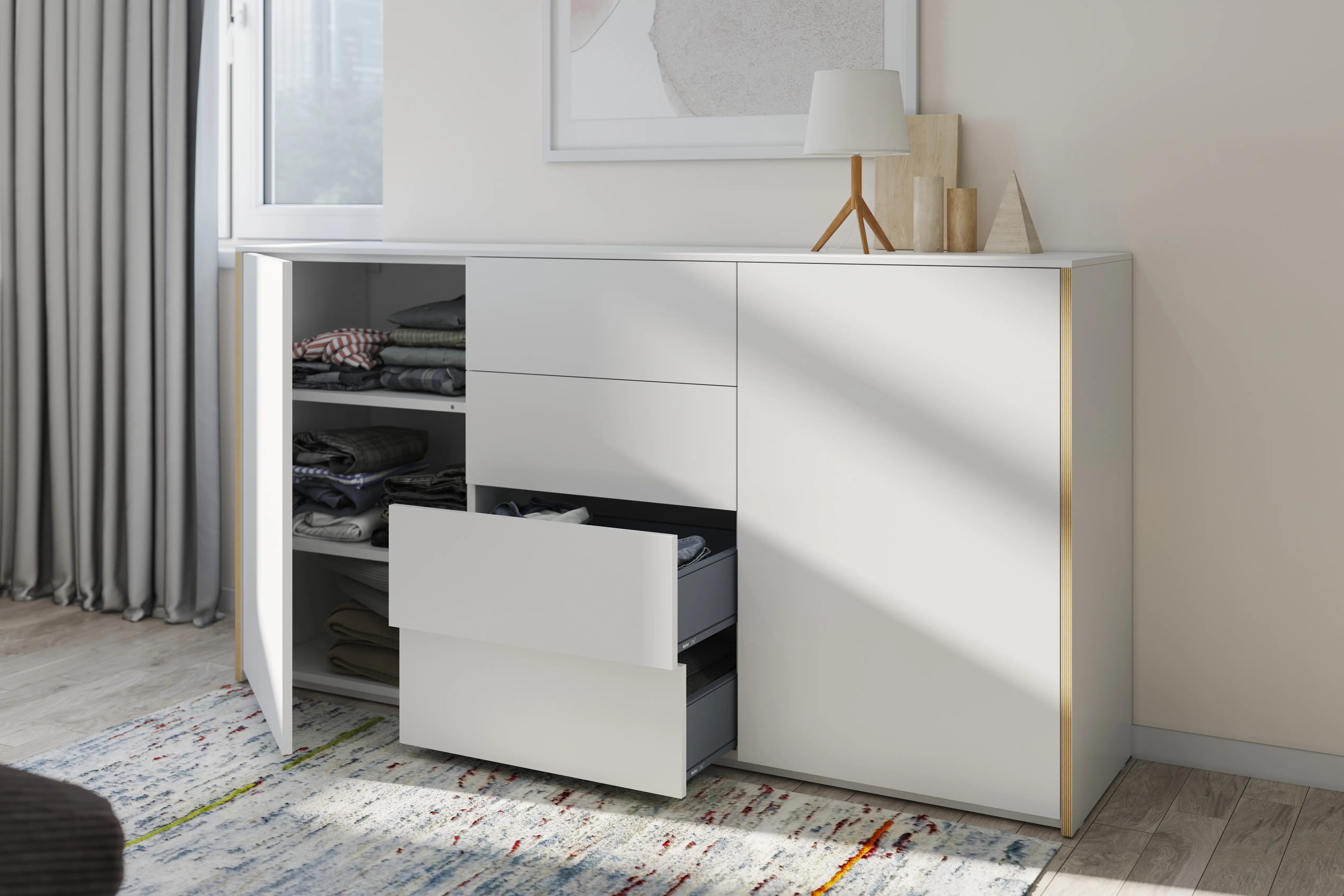 Sideboard in weiss mit Multiplexkante bestehend aus vier Schubladen in der Mitte und zwei Türen von Müller Small Living.