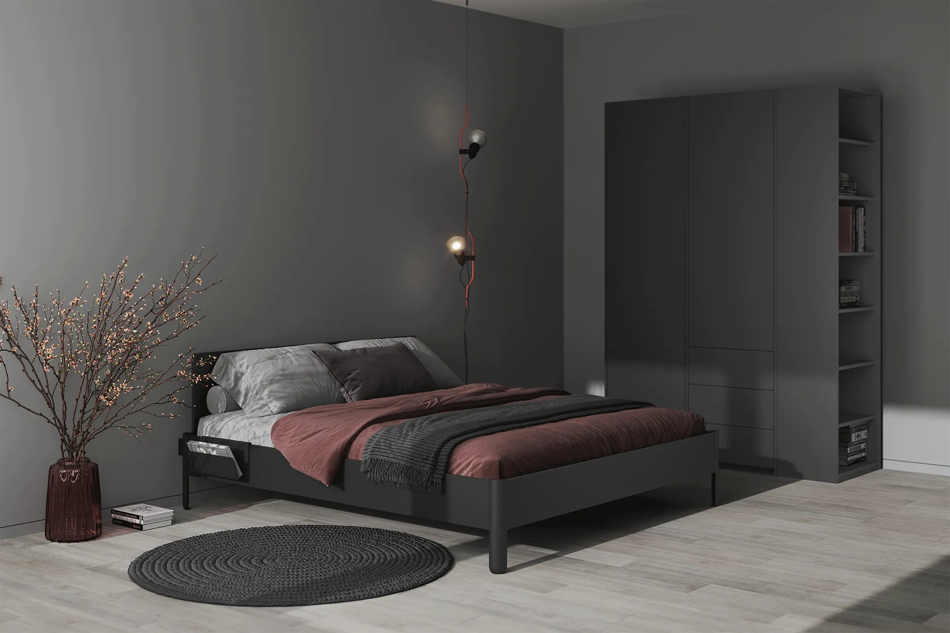 Schwarzes Nait mit einem AddOn Bett von Müller Small Living in einem stilvollen, minimalistischen Schlafzimmer.