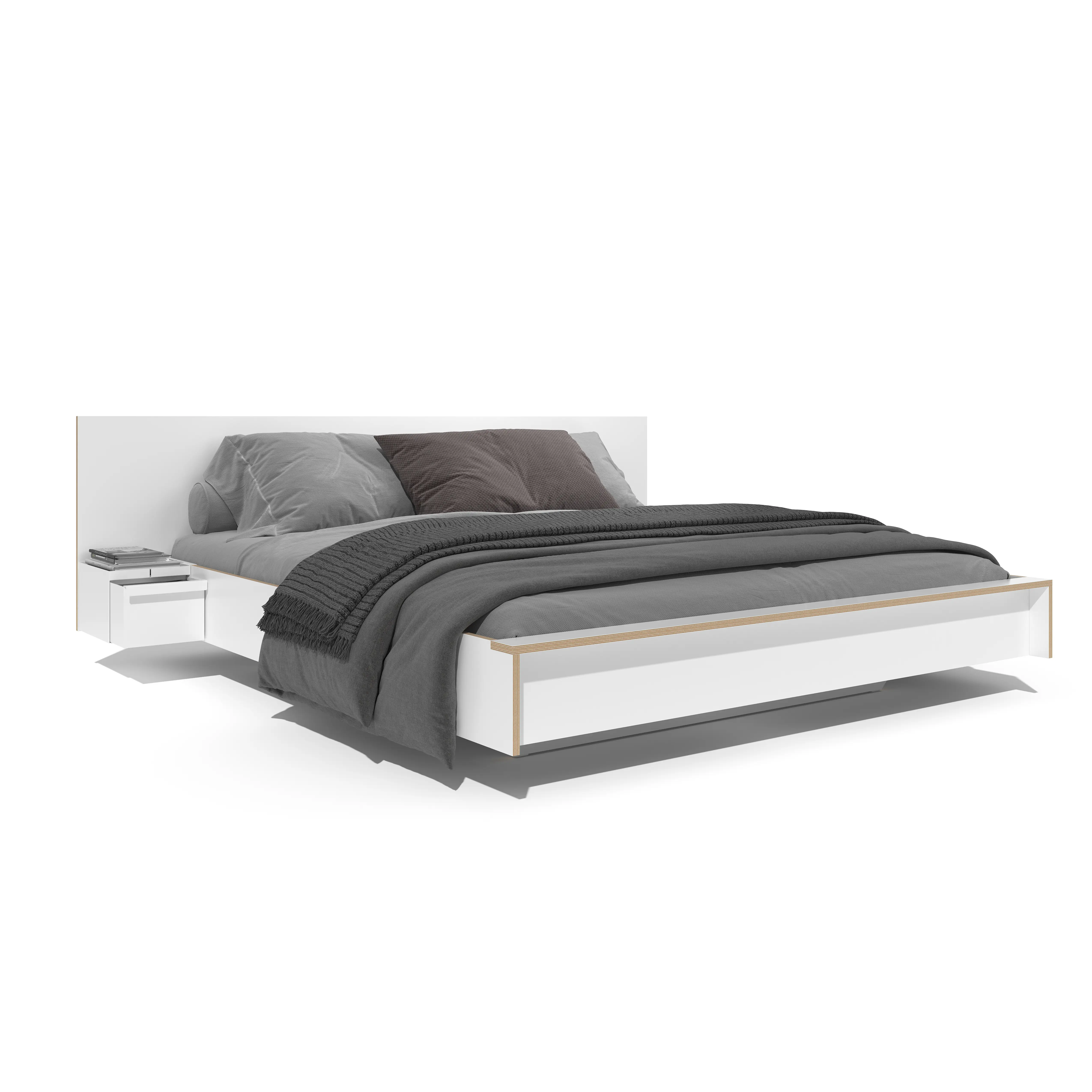 Weisses doppelbett FLAI 180x200 in schwebender Optik mit Nachttisch und extra breitem Kopfteil WIDE